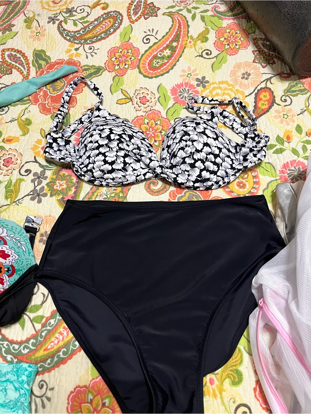 Black High-Waist Bikini Set with White Floral Print Top - Women Swim